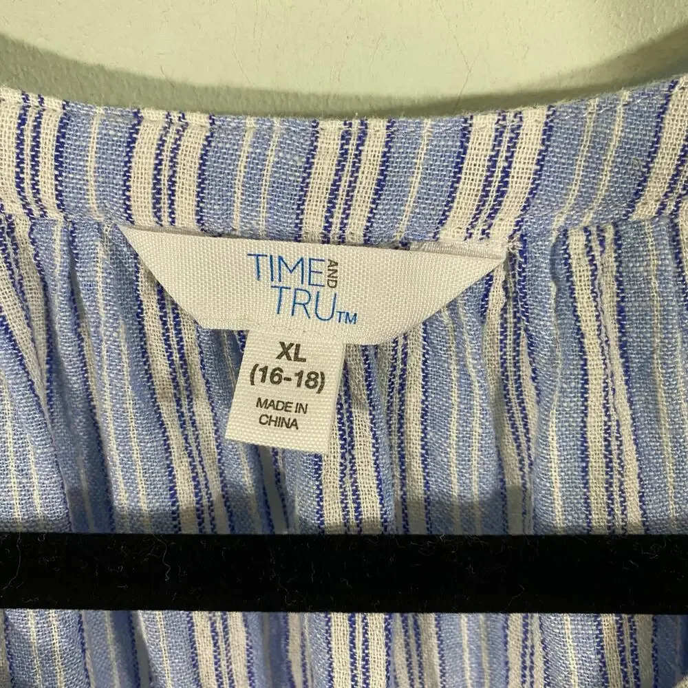Time & Tru Women's Blue Striped Cap Sleeves Linen Blend Top Size XL (16-18)